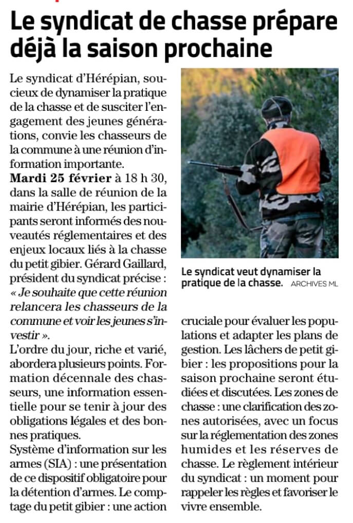 Le syndicat de chasse prépare déjà la saison prochaine Commune d Hérépian